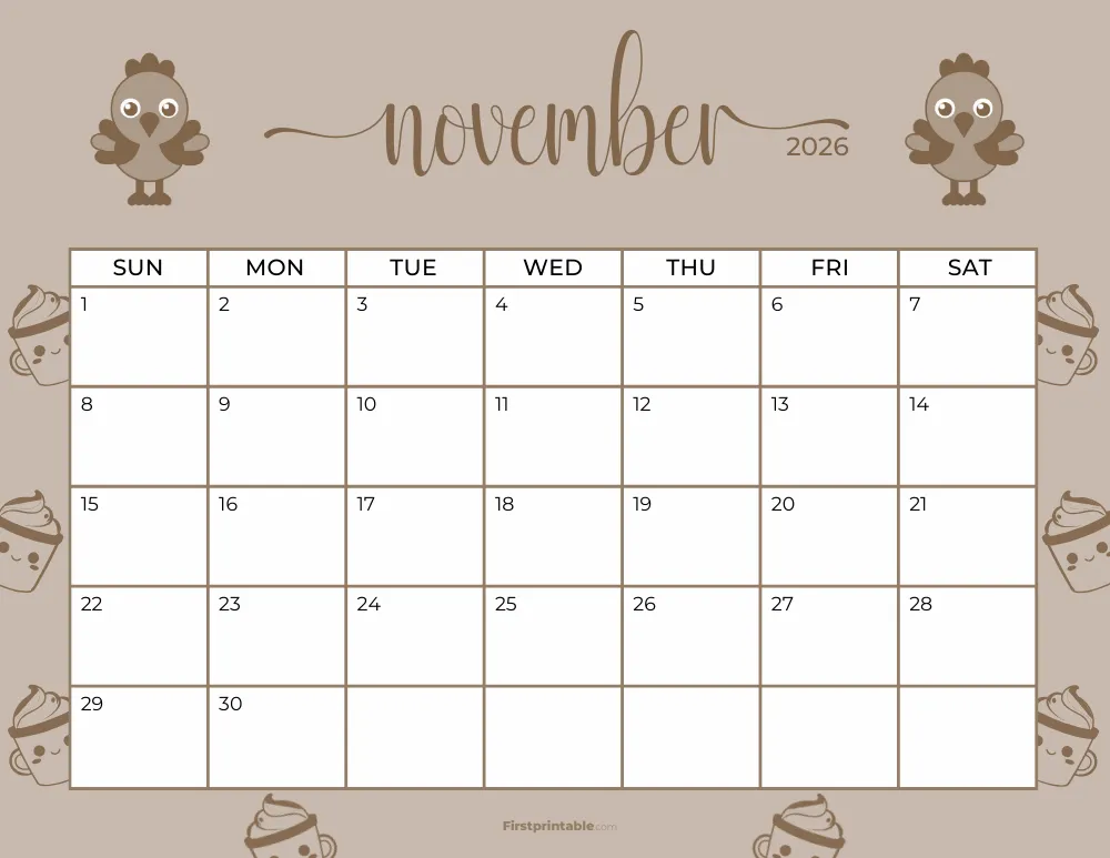 Printable November Calendar 2026 Thanksgiving Day Template 20