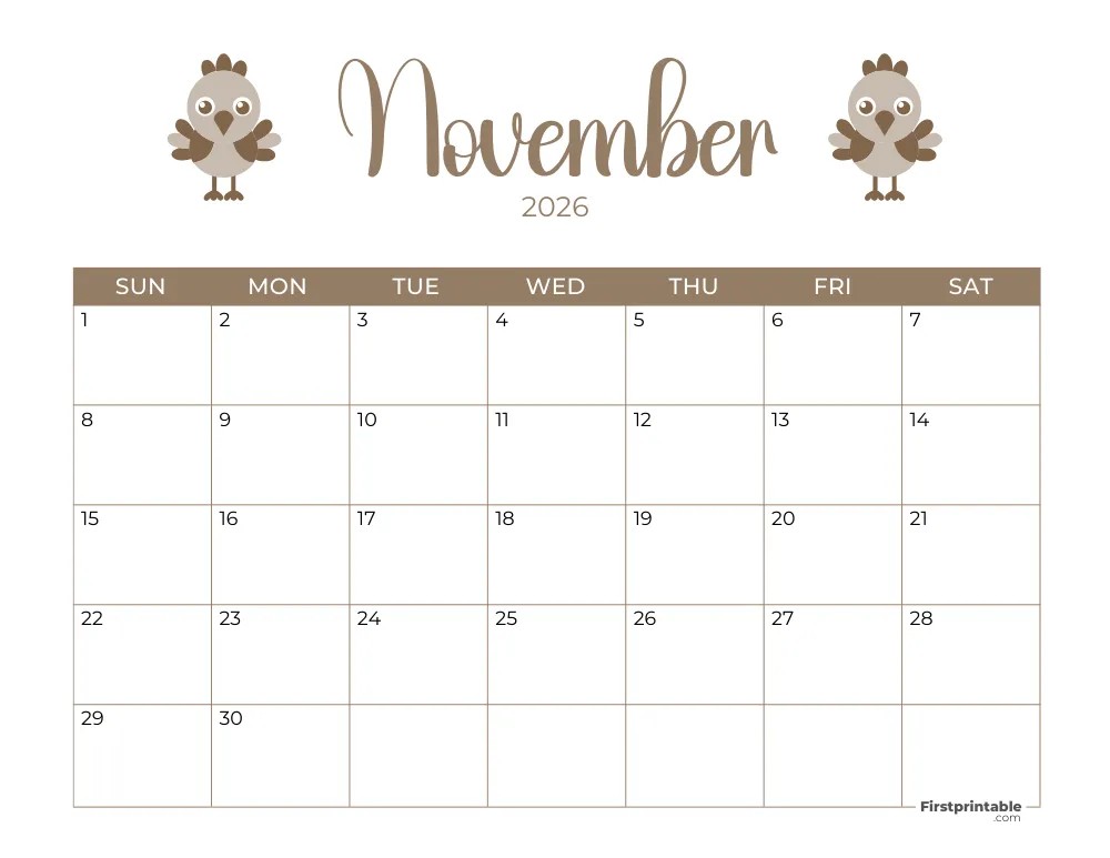 Printable November Calendar 2026 Thanksgiving Day Template 22