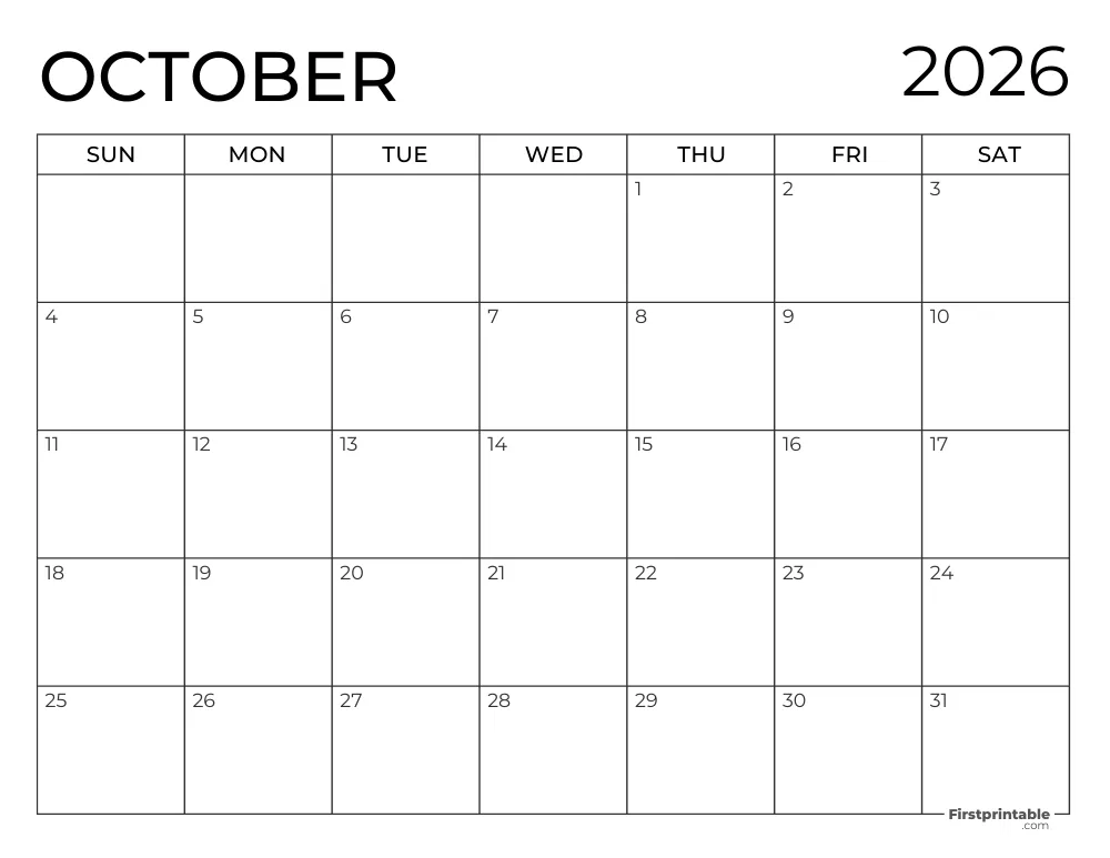 Printable October 2026 Calendar