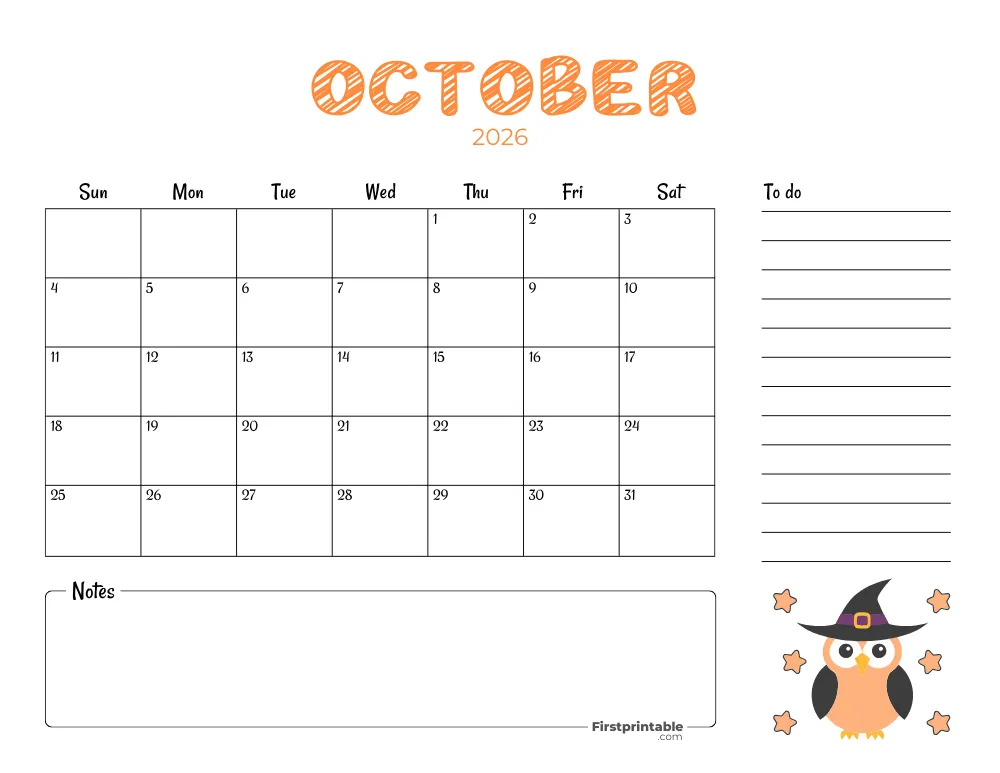 Printable October Calendar 2026 Halloween Template 23