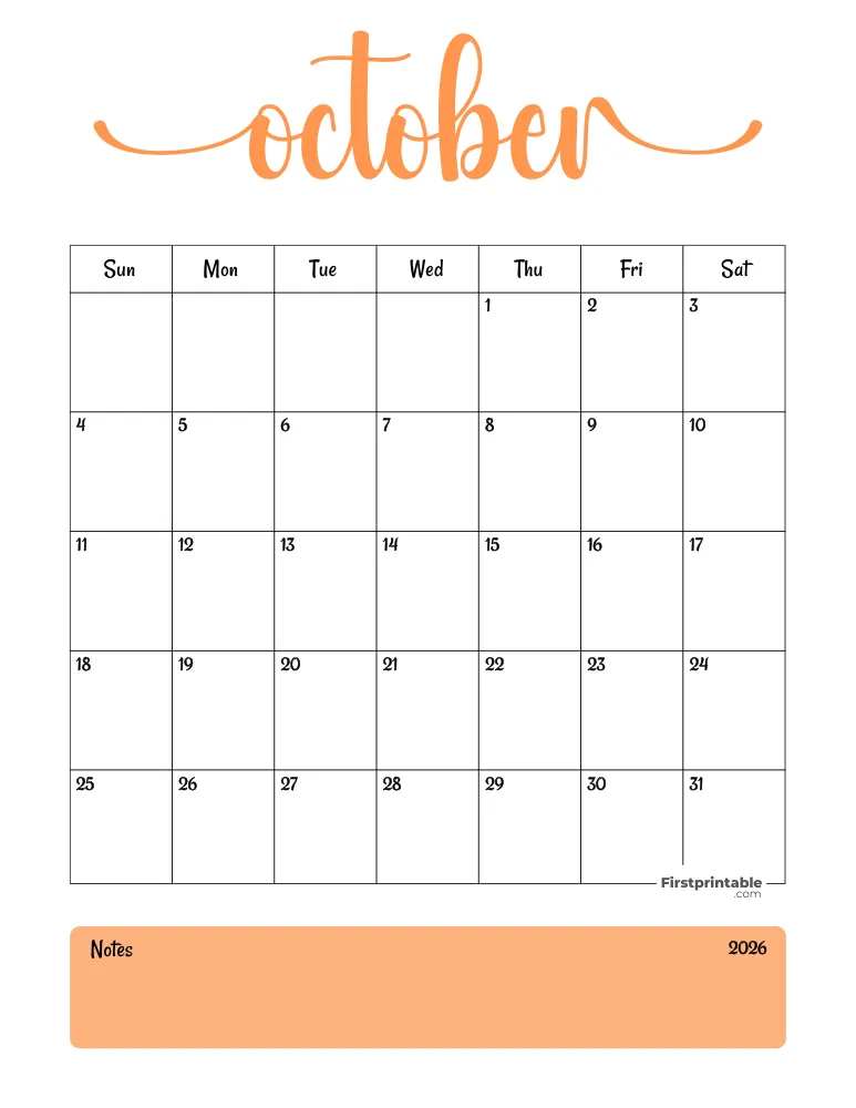 Printable October Calendar 2026 Template 04