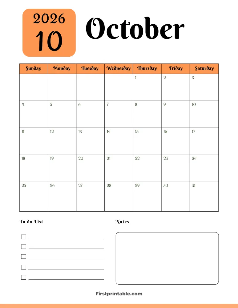 Printable October Calendar 2026 Template 05