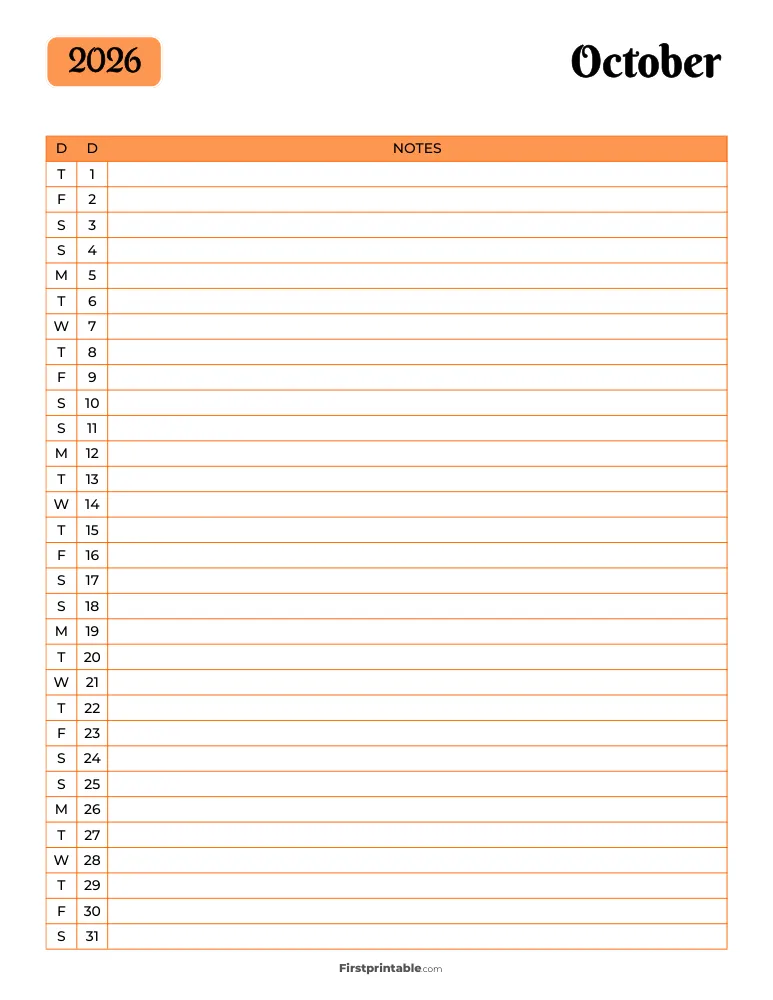 Printable October Calendar 2026 Template 13