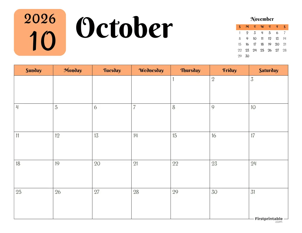 Printable October Calendar 2026 Template 16