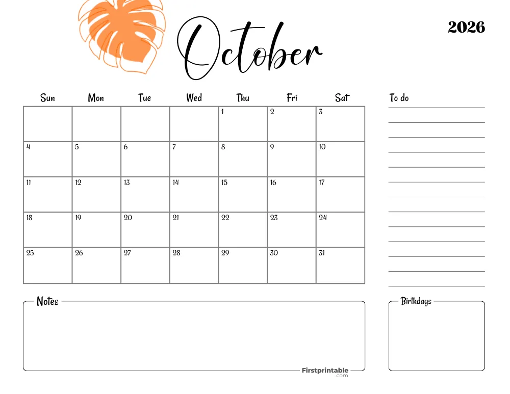 Printable October Calendar 2026 Template 18