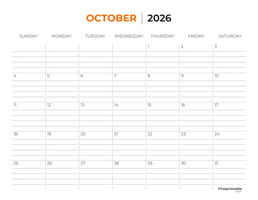 Printable October Calendar 2026 Template 26