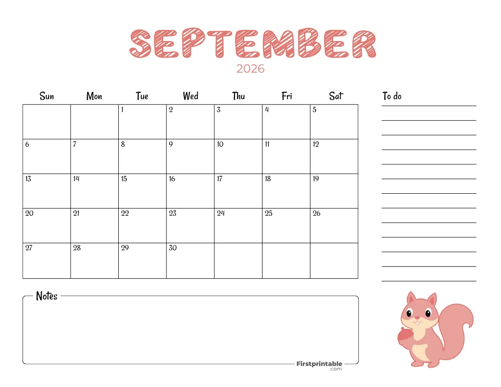 Printable September Calendar 2026 Autumn Template 23