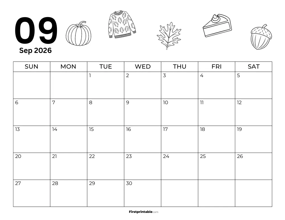 Printable September Calendar 2026 Autumn Template 24
