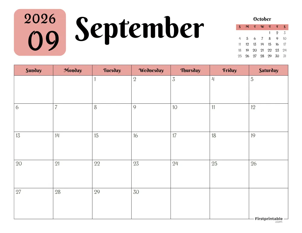 Printable September Calendar 2026 Template 16