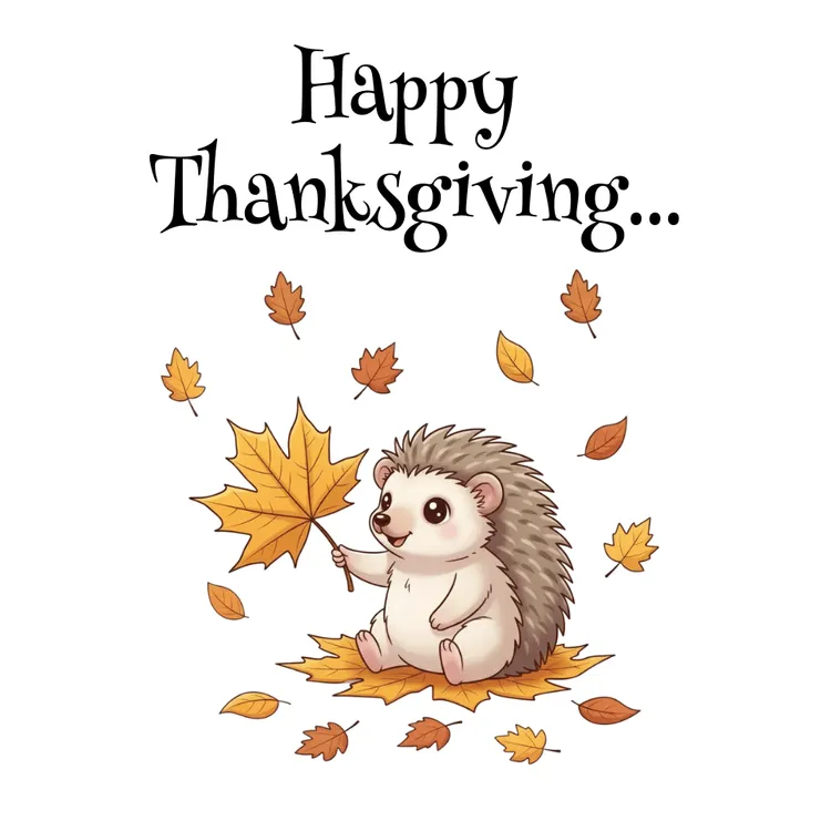 Kawaii Hedgehog with Leaf Thankgiving Card