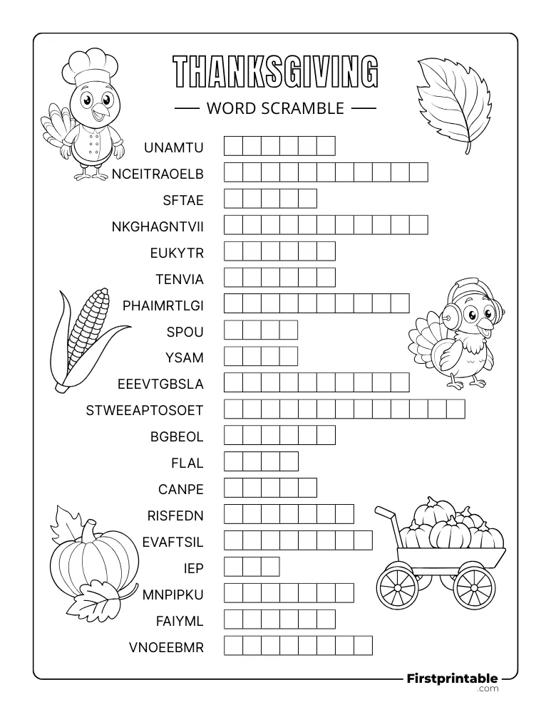 Thanksgiving Word Scramble - Hard 01