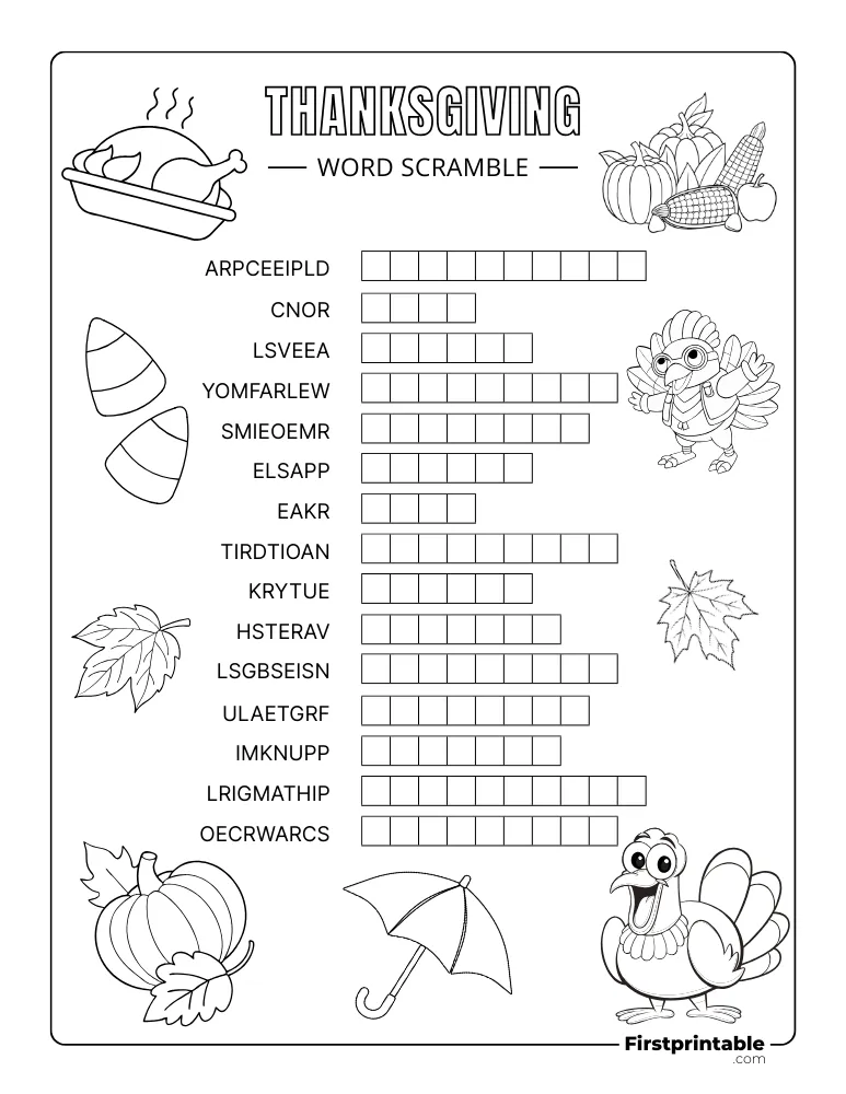 Thanksgiving Word Scramble - Medium 03