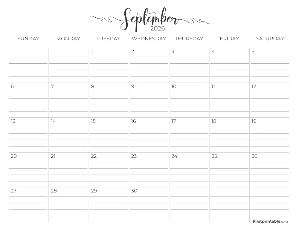 September 2026 Calendar with lines 02