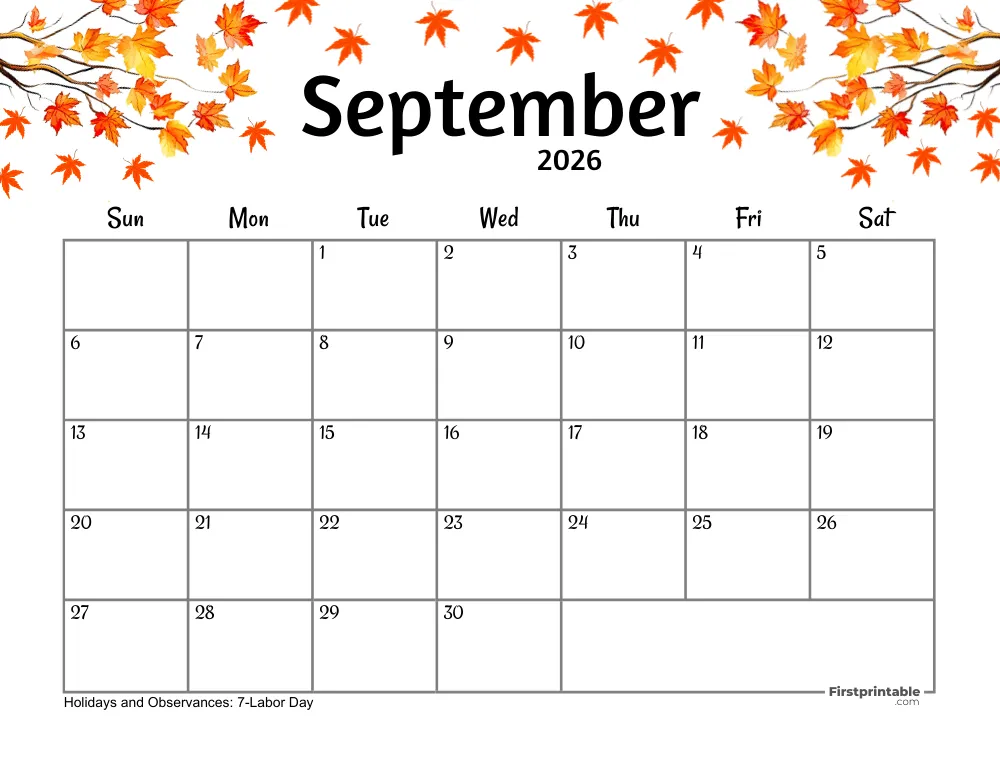 September Calendar 2026 - Fall