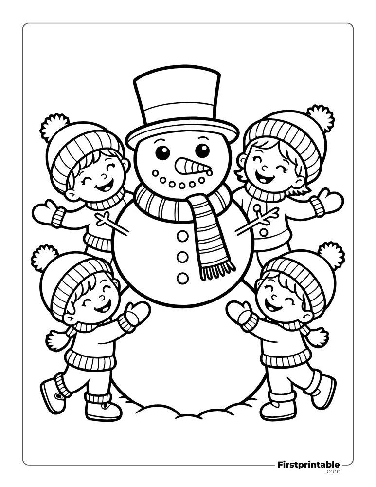 Kids Playing with Snowman Coloring Page