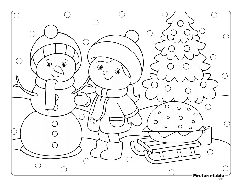 Snowman and Little Girl Coloring Page