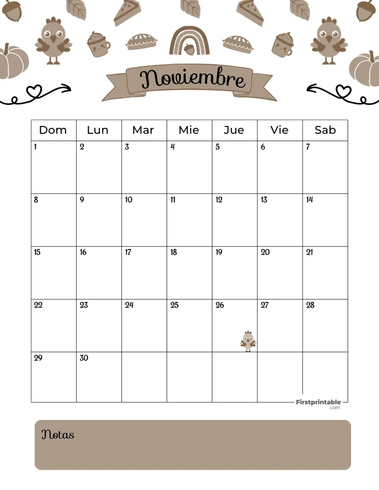 Spanish November Calendar 2026 Thanksgiving Day Template 28