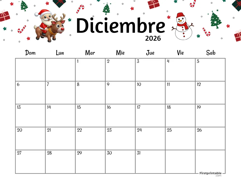 Spanish Printable December Calendar 2026 Christmas Template 39
