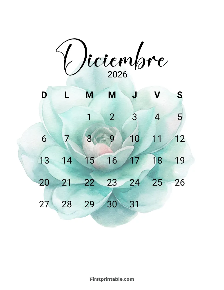 Spanish Printable December Calendar 2026 Template 27