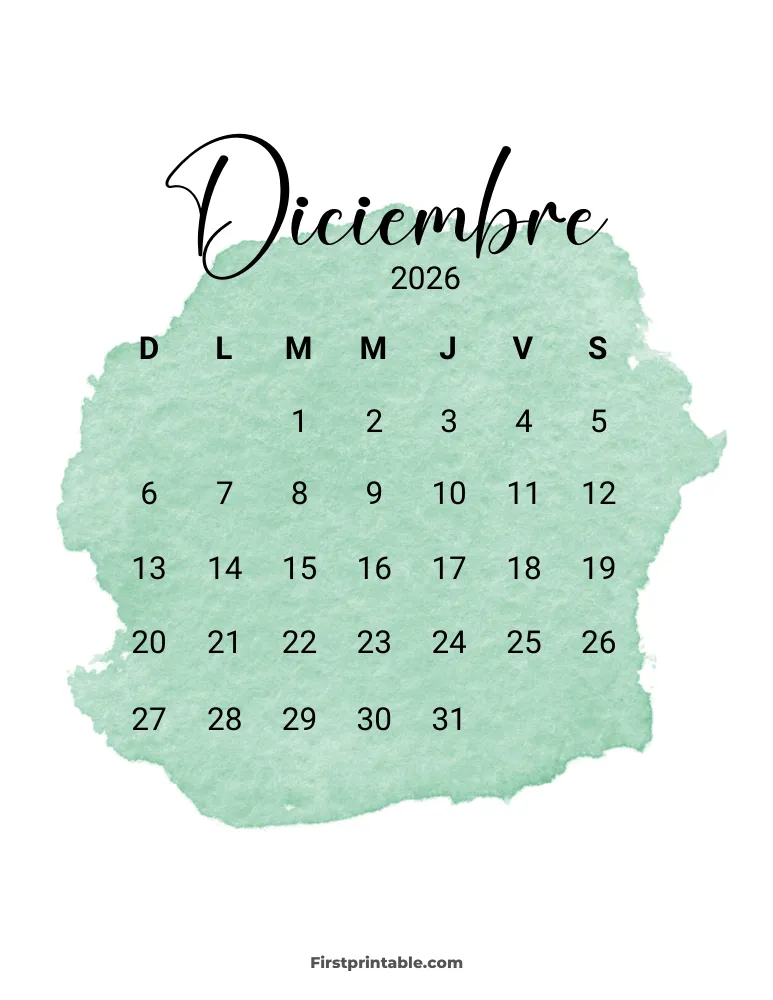 Spanish Printable December Calendar 2026 Template 30