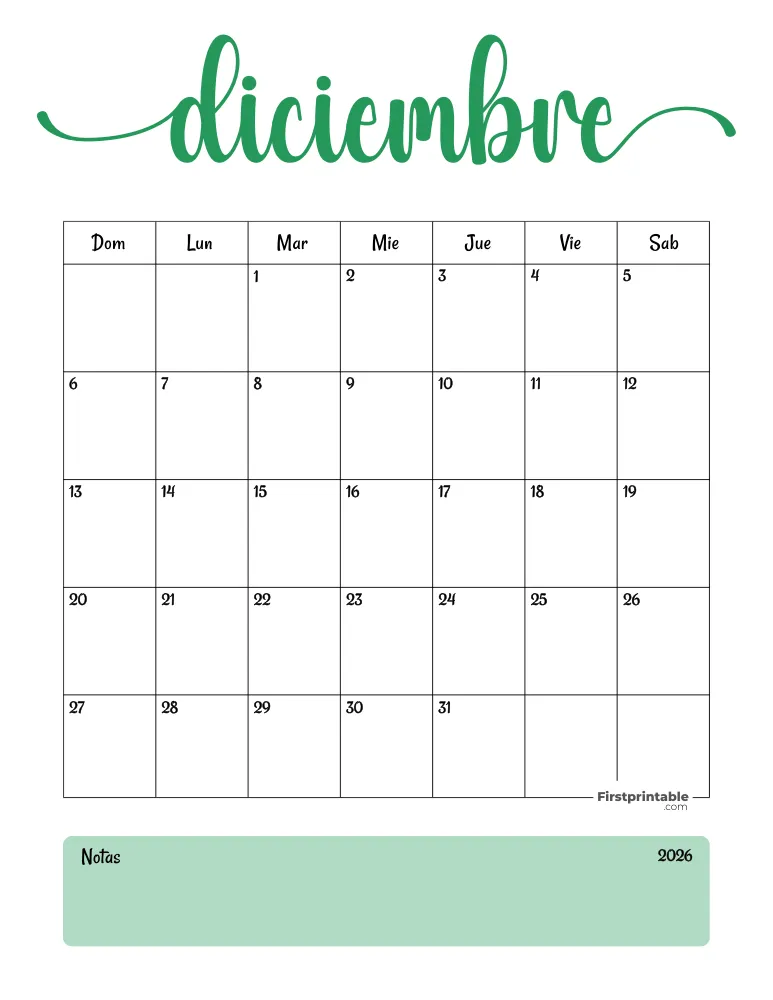 Spanish Printable December Calendar 2026 Template 31