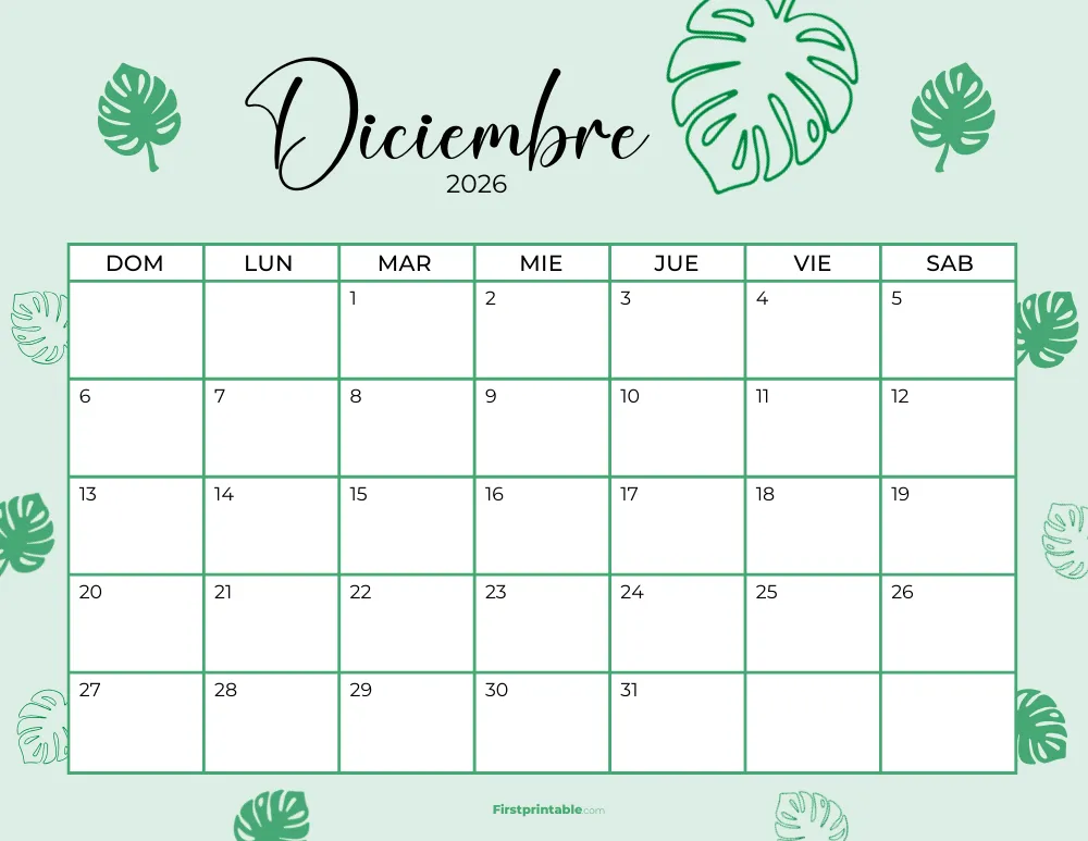 Spanish Printable December Calendar 2026 Template 36