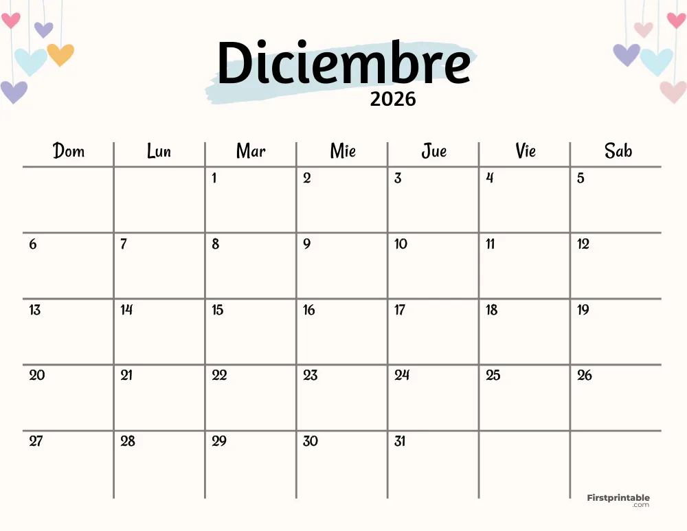 Spanish Printable December Calendar 2026 Template 42