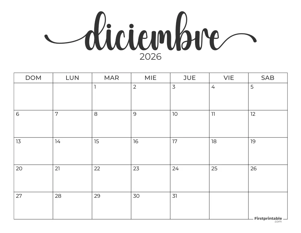 Spanish Printable December Calendar 2026 Template 43