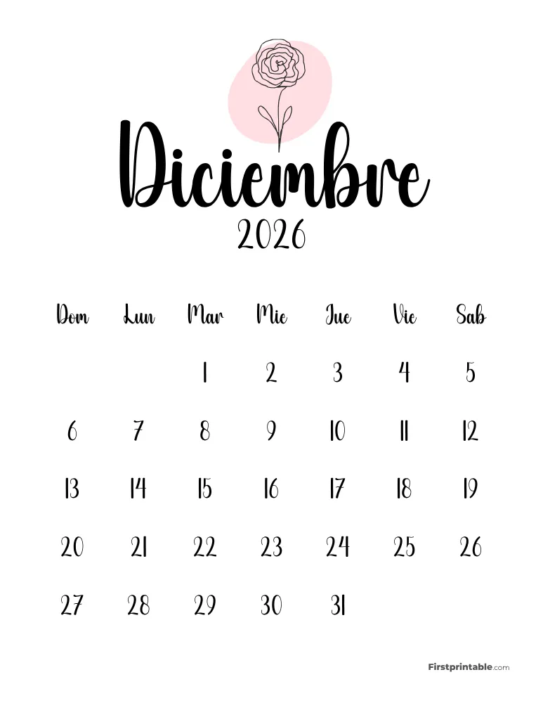Spanish Printable December Calendar 2026 Template 48