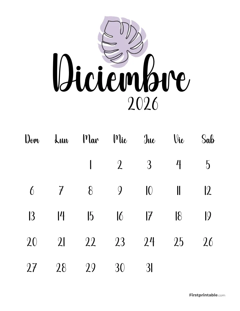 Spanish Printable December Calendar 2026 Template 49