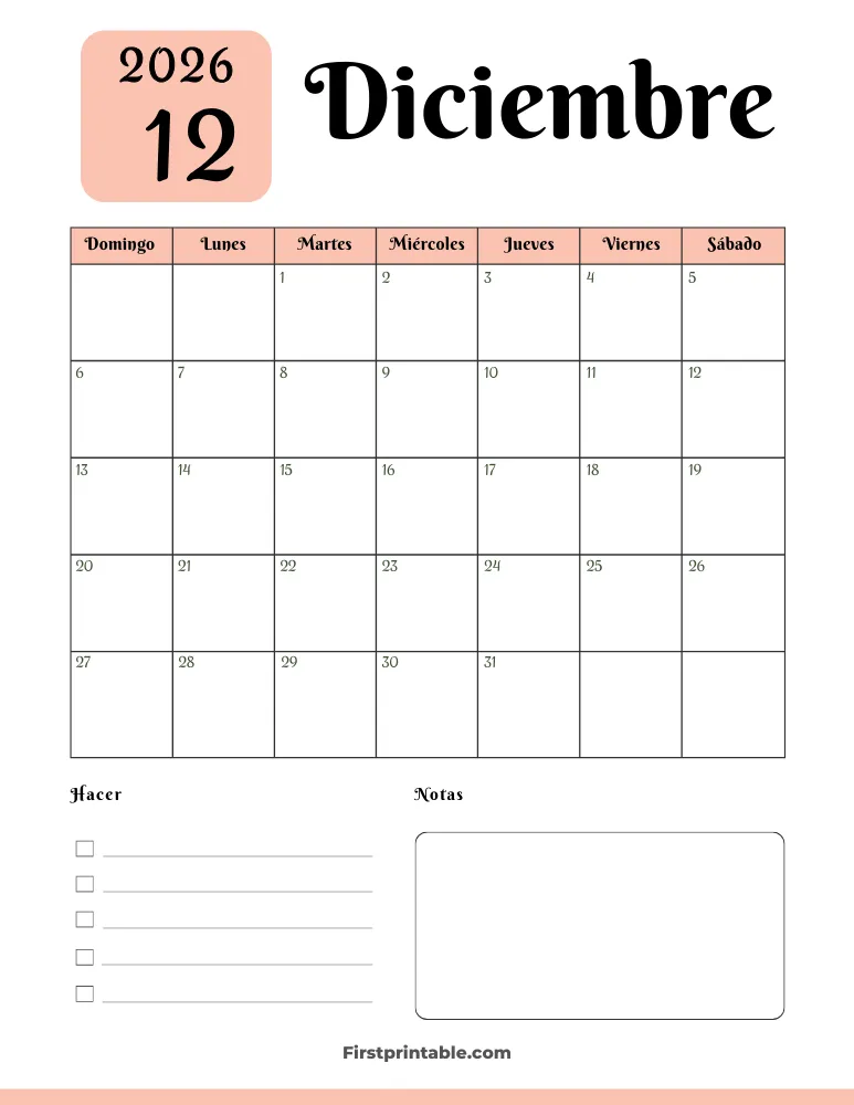 Spanish Printable December Calendar 2026 Template 34