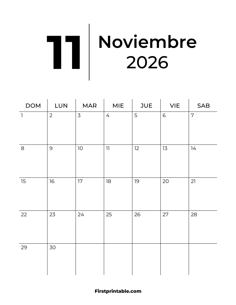 Spanish Printable November Calendar 2026 Template 33