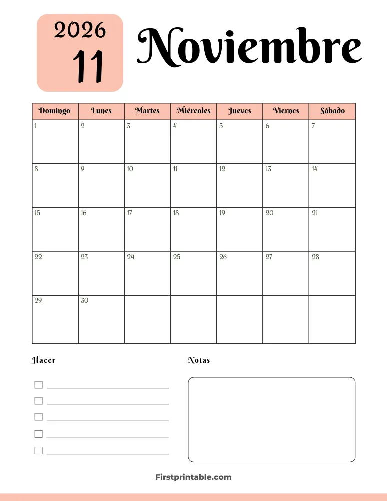 Spanish Printable November Calendar 2026 Template 34