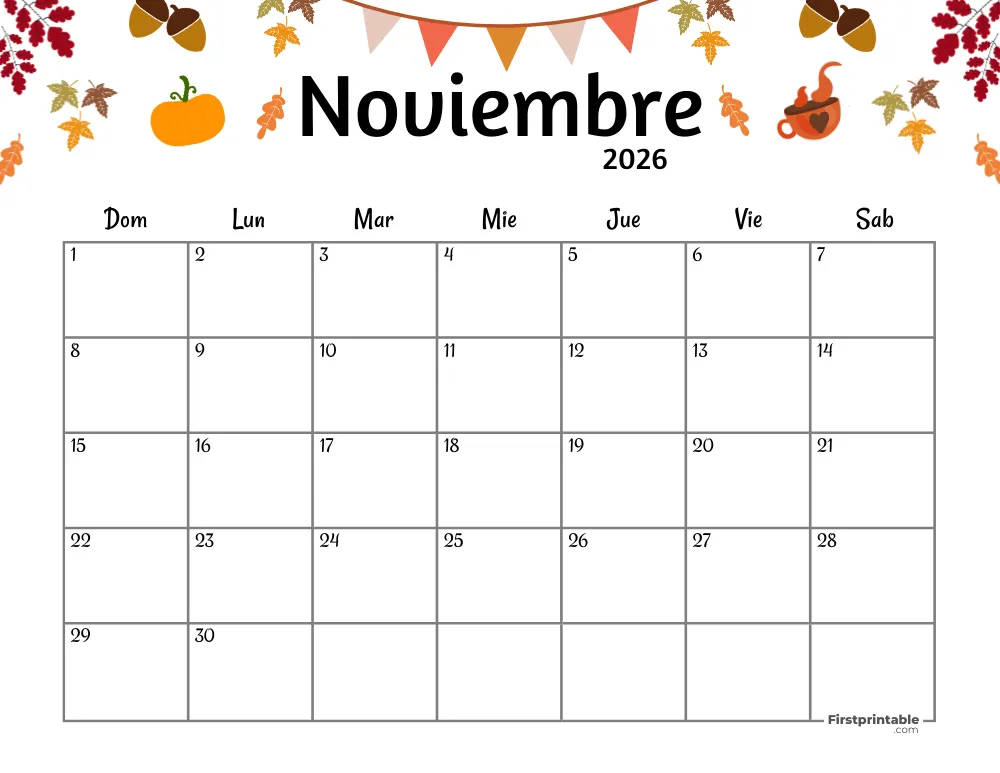 Spanish Printable November Calendar 2026 Thanksgiving Day Template 39