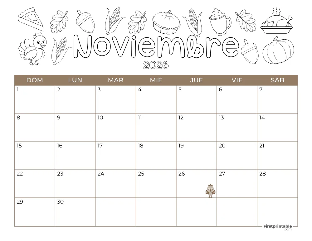 Spanish Printable November Calendar 2026 Thanksgiving Day Template 40