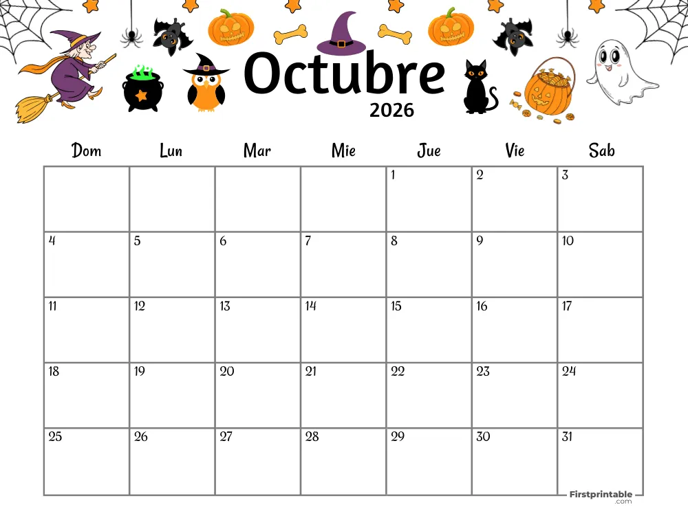 Spanish Printable October Calendar 2026 Halloween Template 39