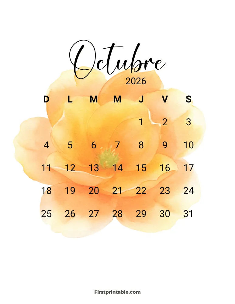 Spanish Printable October Calendar 2026 Template 27