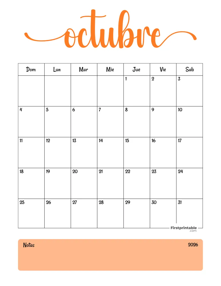 Spanish Printable October Calendar 2026 Template 31