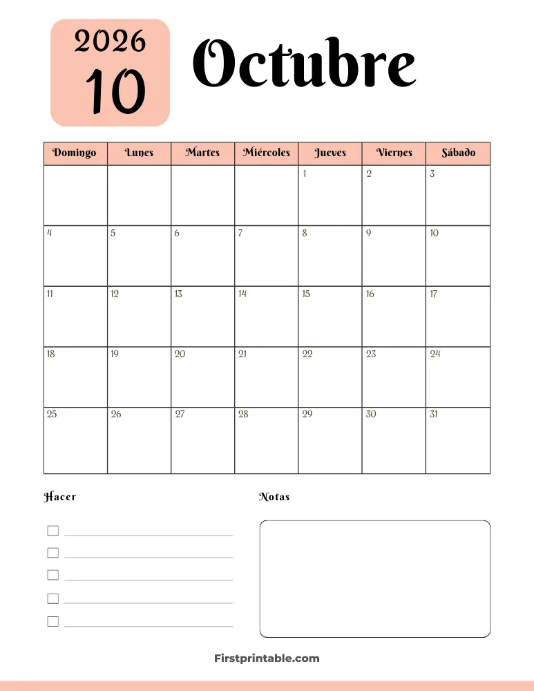 Spanish Printable October Calendar 2026 Template 34