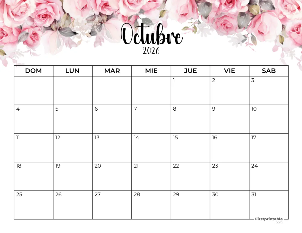 Spanish Printable October Calendar 2026 Template 41