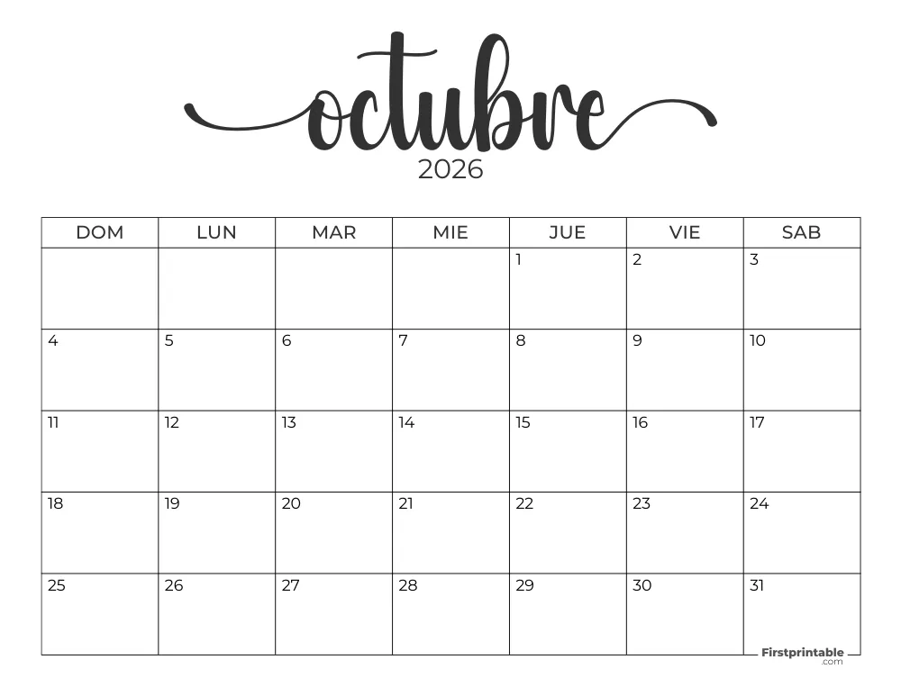 Spanish Printable October Calendar 2026 Template 43
