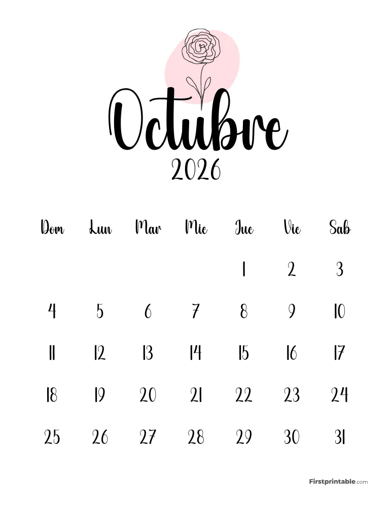 Spanish Printable October Calendar 2026 Template 48
