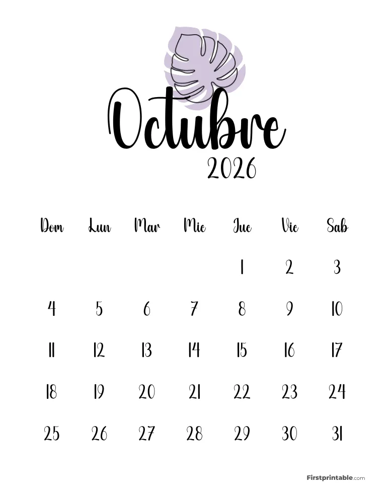 Spanish Printable October Calendar 2026 Template 49