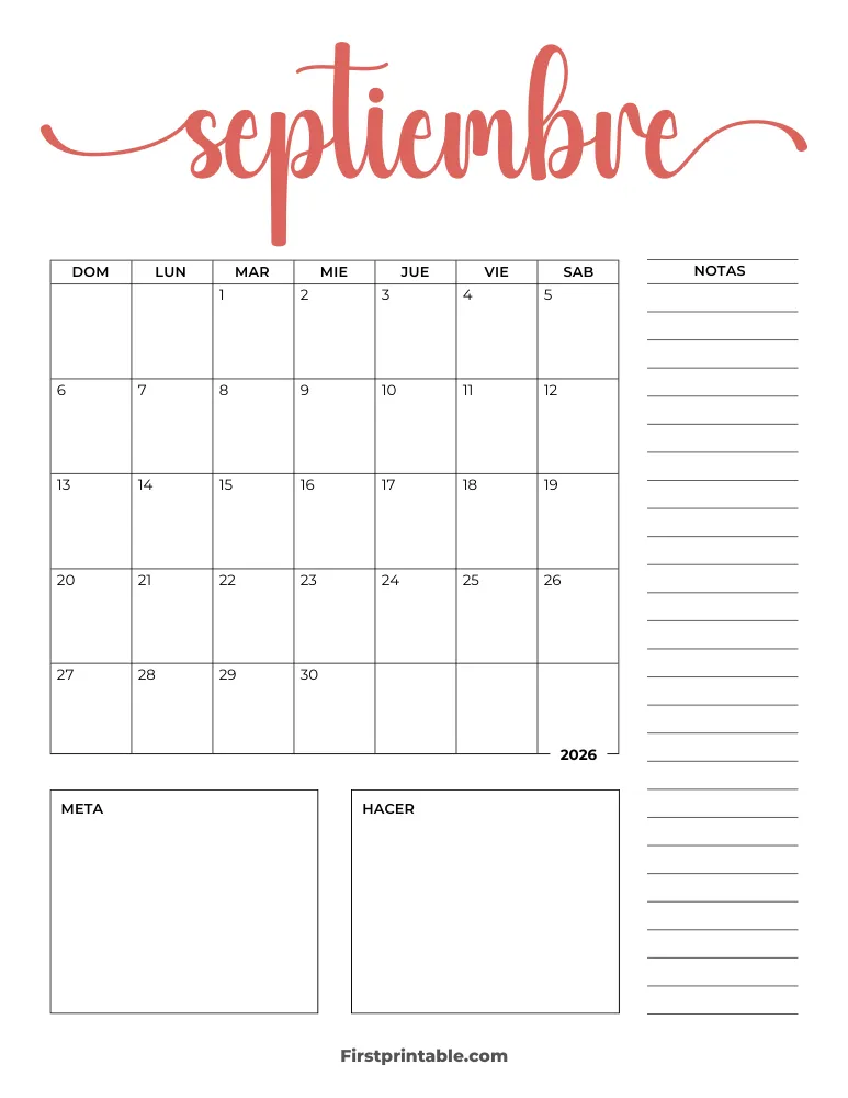 Spanish Printable September Calendar 2026 Template 29