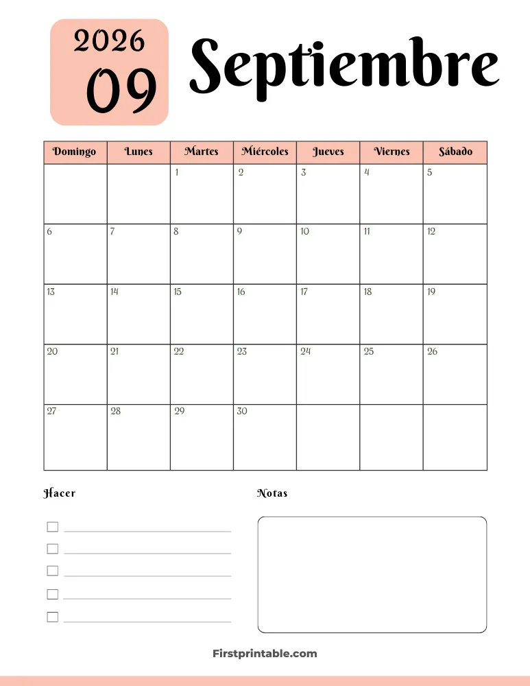 Spanish Printable September Calendar 2026 Template 34