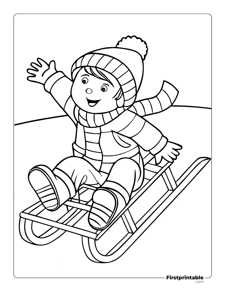 Cute Child Enjoying Sledding in Snow to Color