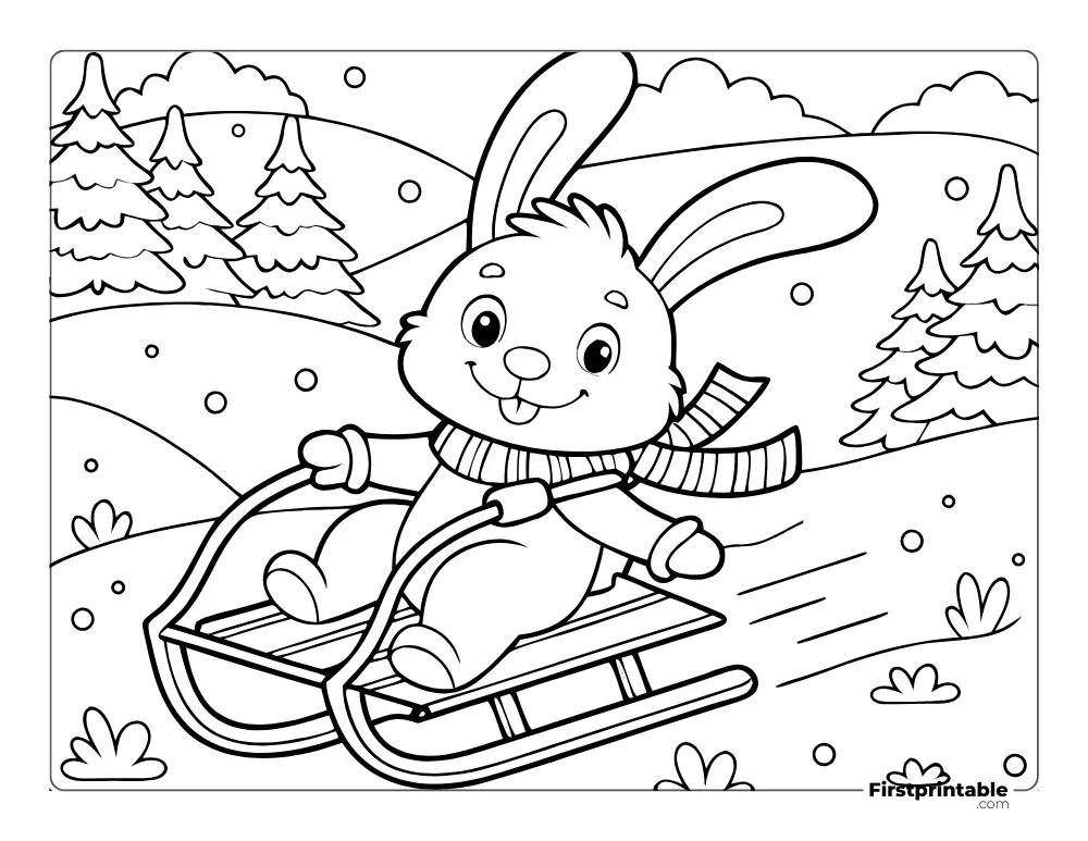 Rabbit Sledding in Snow Coloring Page for Kid