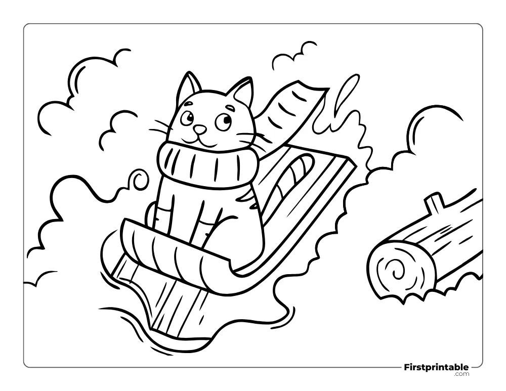 Cute Cat Sledding in Snow Coloring Page