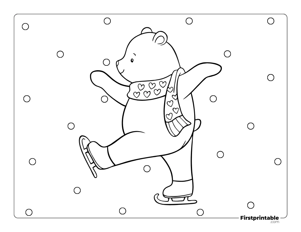 Cute Bear Ice Skating in Winter Coloring Sheet