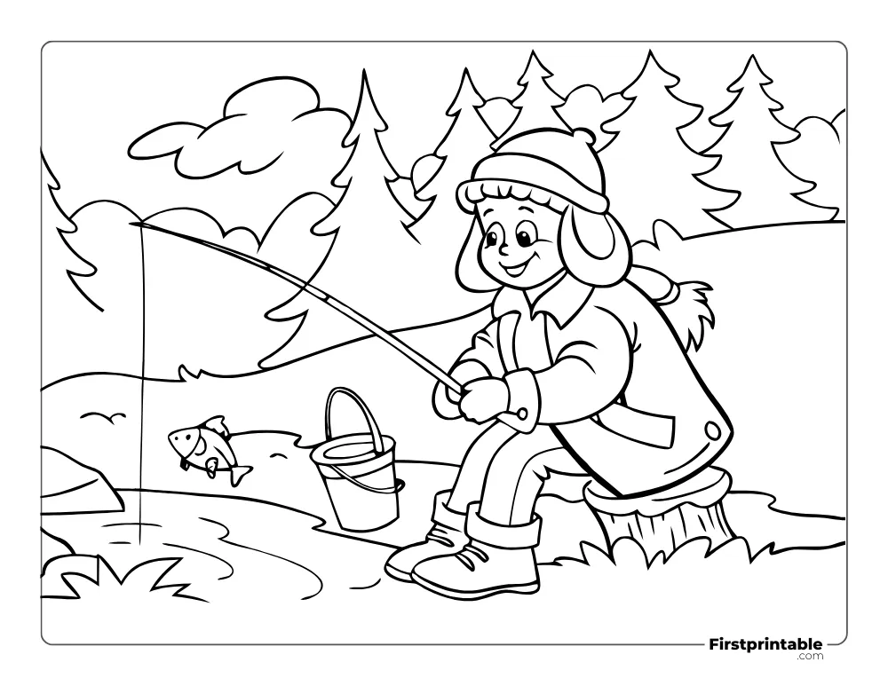 Girl Fishing in Winter Coloring Page